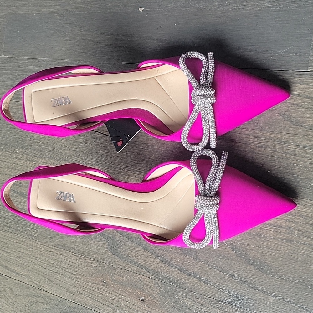 Zara fuchsia crystal bow slingbacks